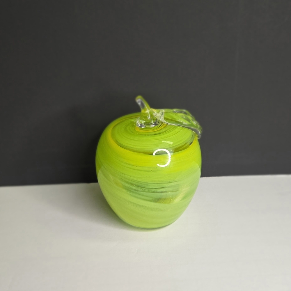 Beautiful Green Glass Apple Paperweight signed by artist Ron Rinkle 1999